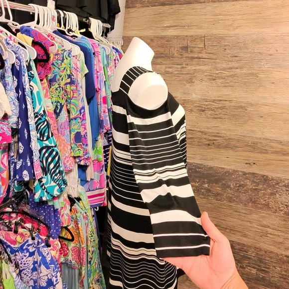 Chico's Monochrome Striped Cold Shoulder Tunic - Picture 5 of 9
